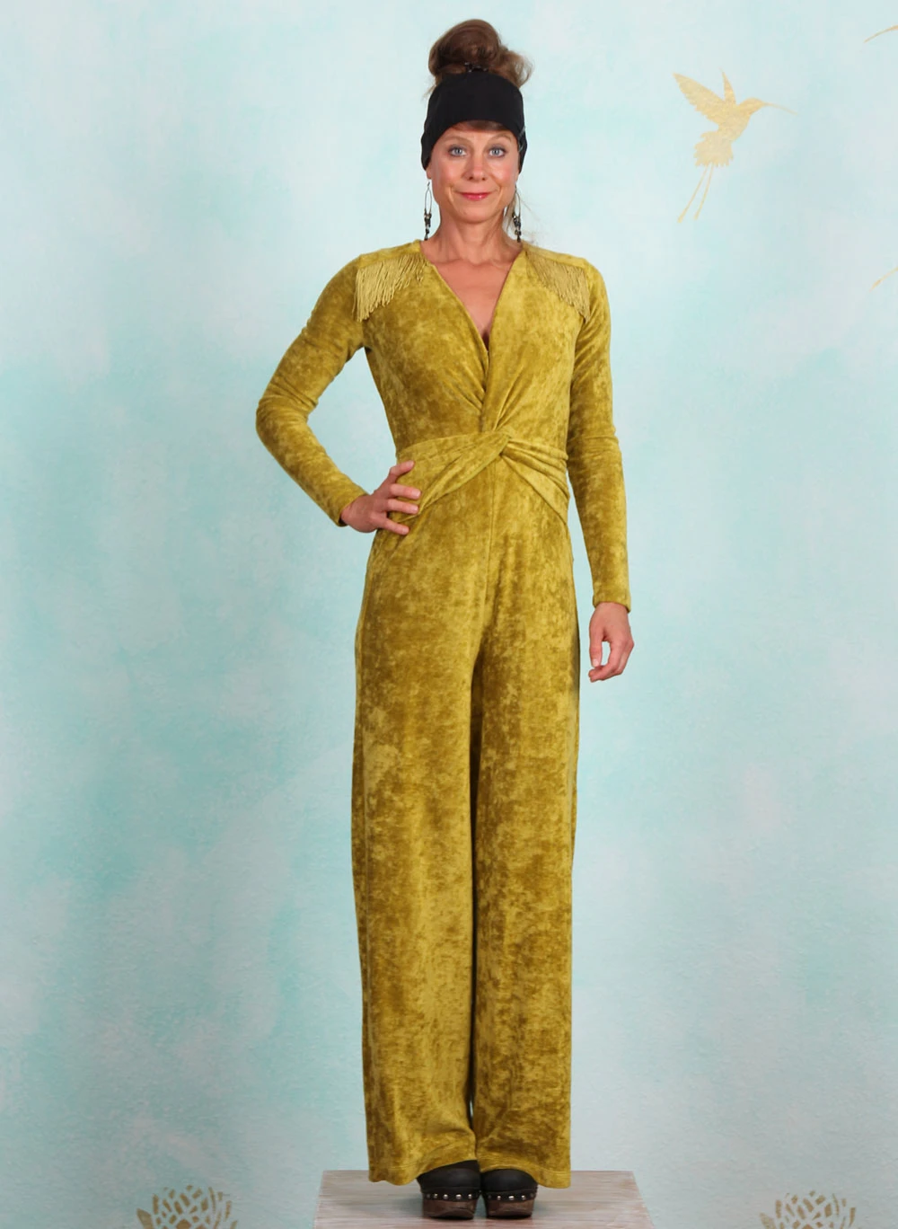 Samt-Jumpsuit, 42517, green-yellow - Image 1